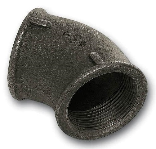 Melns čuguna līkums 1/2'', FF, 45 grādi
