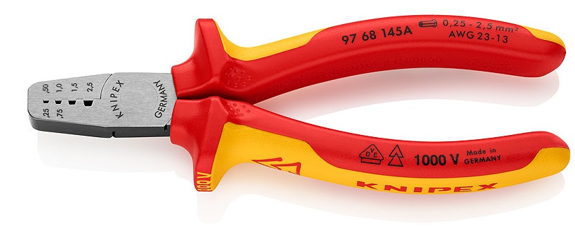 Presējamo uzgaļu stangas 0.25-2.5 mm, 145 mm, ar divkomponentu dielektriskiem rokturiem (VDE), Knipex, 9768145A