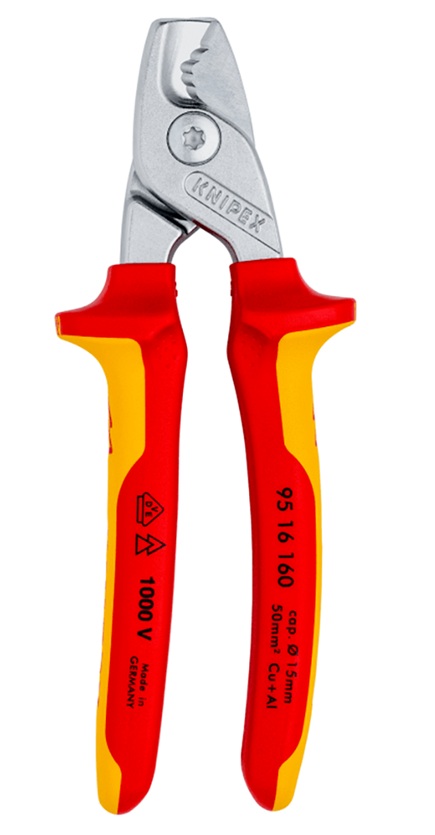 Kabeļu knaibles StepCut, 160 mm, ar divkomponentu dielektriskiem rokturiem (VDE), Knipex, 9516160