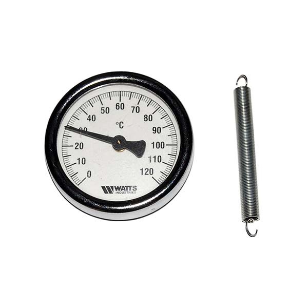 Uzliekamais bimetaliskais termometrs WATTS, 63mm, ar atsperi, 120C